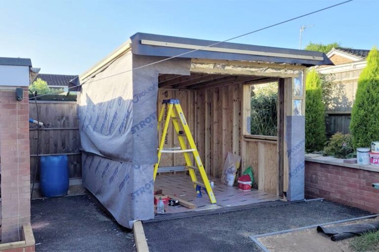 Weather proof wrapped Garden Room frame. Garden Room with Accessible Landscaping, Coventry